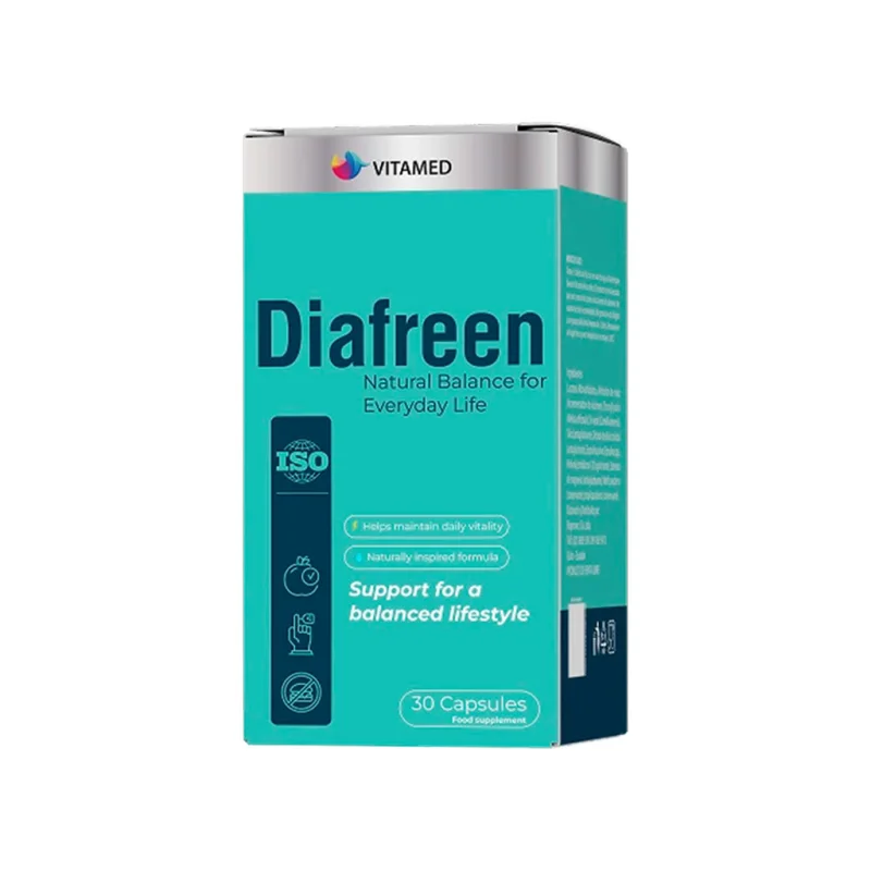 Diafreen capsule box side view with ISO mark and 30 Capsules food supplement label