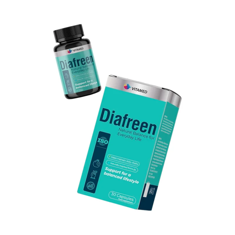 Diafreen capsule bottle and box shown together, VITAMED food supplement